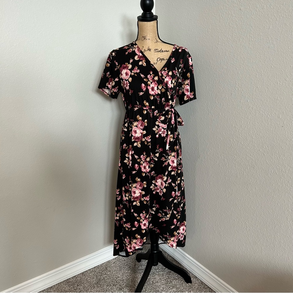 Maternity Black and Pink Floral Midi Dress